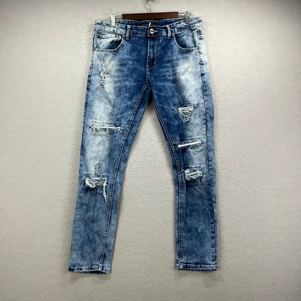 M Society Jeans Men 34x30* Blue Distressed Politically Incorrect Acid Wash Denim